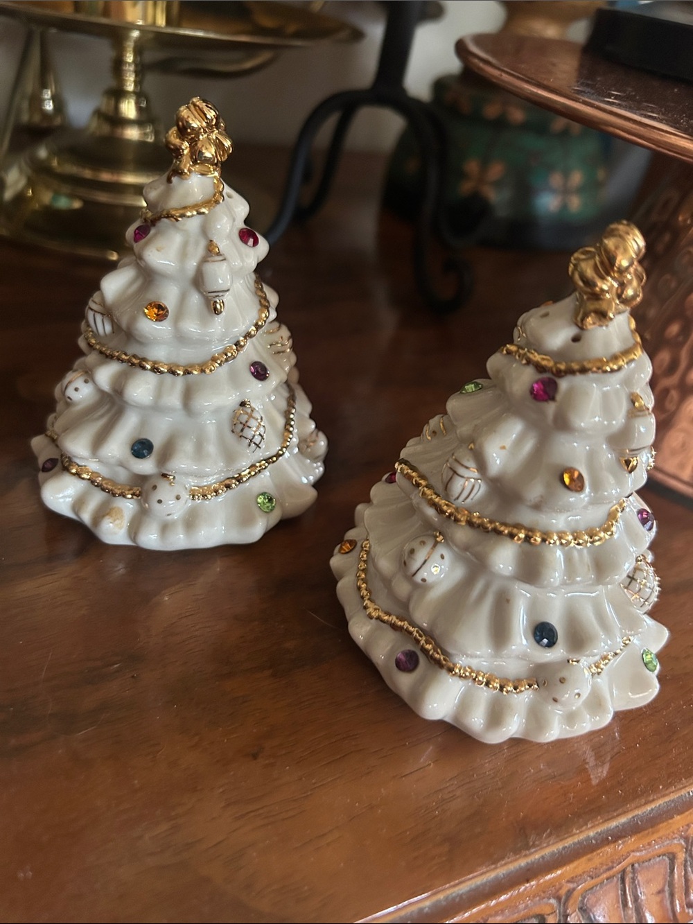 Vintage LENOX Jewels of Christmas Christmas Tree Salt and Pepper Shakers